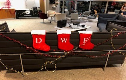 Christmas decorations including 3 red stockings labelled D W F