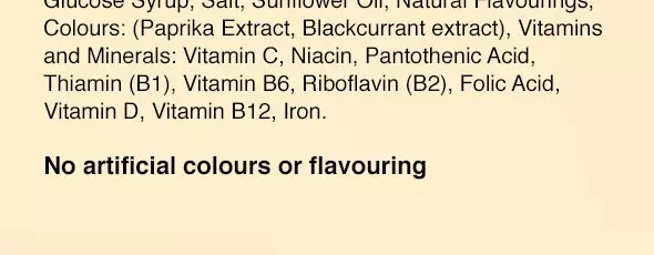 Close up of label on mock cereal packet reading 'No artificial colours or flavouring'